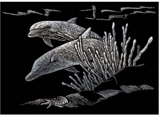 Комплект за гравиране Royal & Langnickel - Сребърна основа - плуващи делфини, 13 x 18 см.