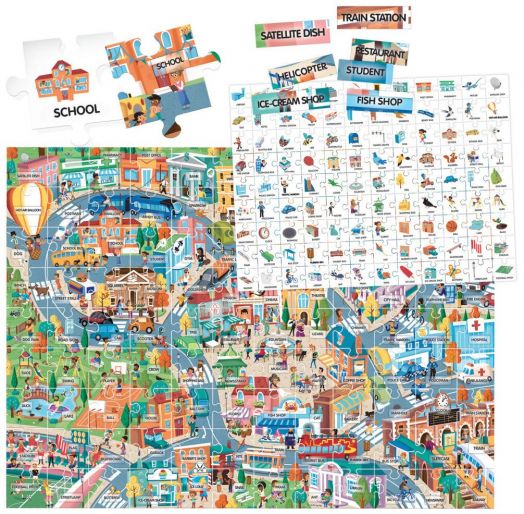 Двустранен пъзел Headu - Първи 100 английски думи, Град