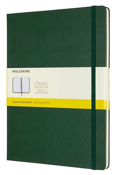 Голям лавровозелен тефтер Moleskine Classic Myrtle Green с твърди корици и листа на малки квадратчета