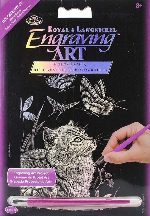 Комплект за гравиране Royal & Langnickel - Холограмна основа - коте и пеперуда, 14 x 20 см.
