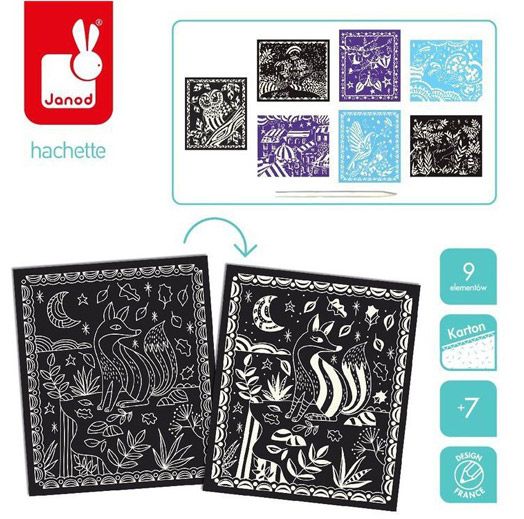 Креативен комплект Janod - Светещ в тъмното скреч арт с животни