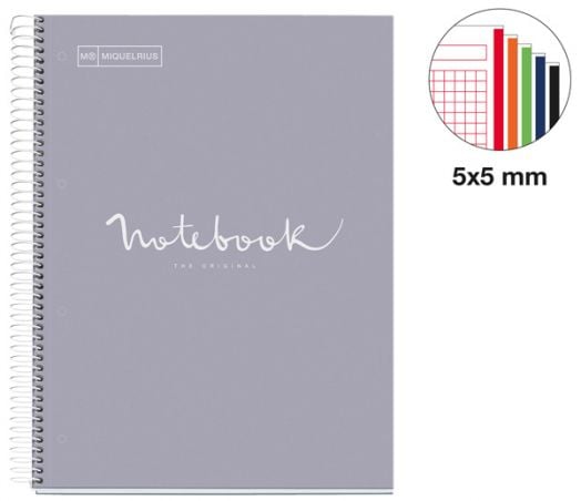 Тетрадка Miquelrius Emotions А4 със спирала, 120 листа на малки квадратчета, сива