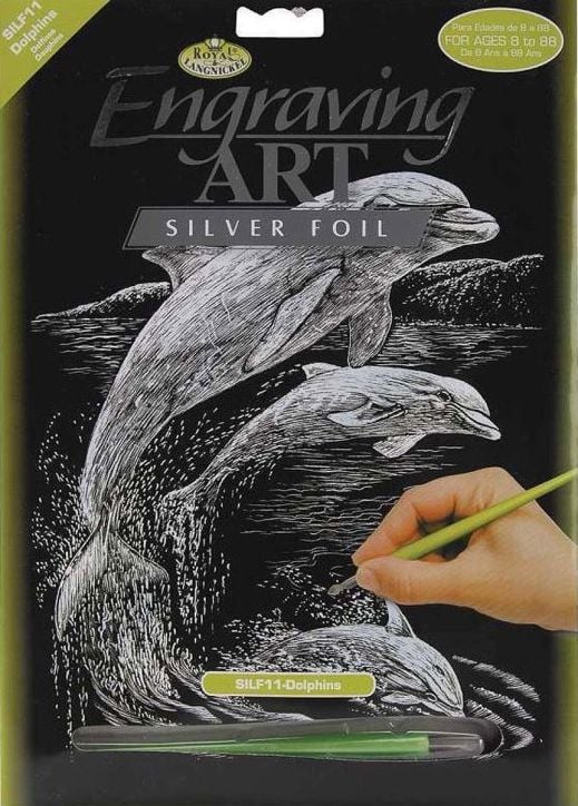 Комплект за гравиране Royal & Langnickel - Сребърна основа - делфини, 20 x 25 см.