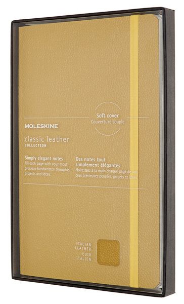 Кожен класически тефтер Moleskine Classic Leather Yellow с меки корици и листа на широки редове