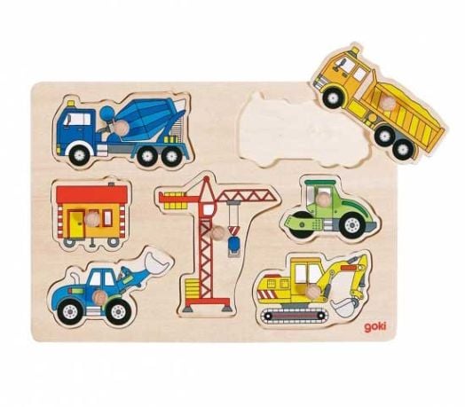 Образователен детски дървен пъзел Goki,  строителни машини