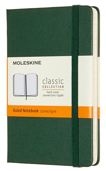 Джобен лавровозелен тефтер Moleskine Classic Myrtle Green с твърди корици и листа на широки редове