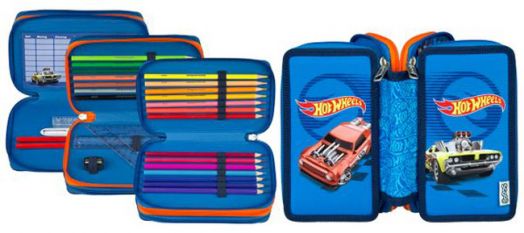 Ученически несесер Hot Wheels с три отделения, пълен