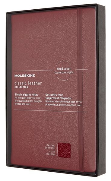 Кожен класически тефтер Moleskine Classic Leather Red с твърди корици и листа на широки редове