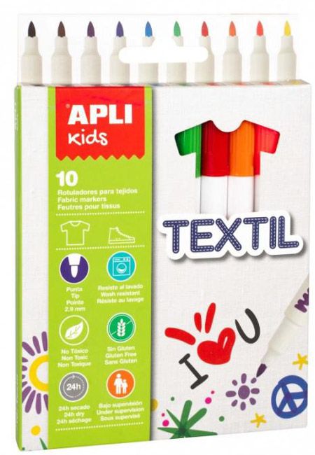 Комплект маркери за текстил Apli Kids, 10 цвята