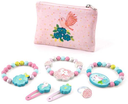 Дървени бижута в текстилно портмоне Djeco - Птици