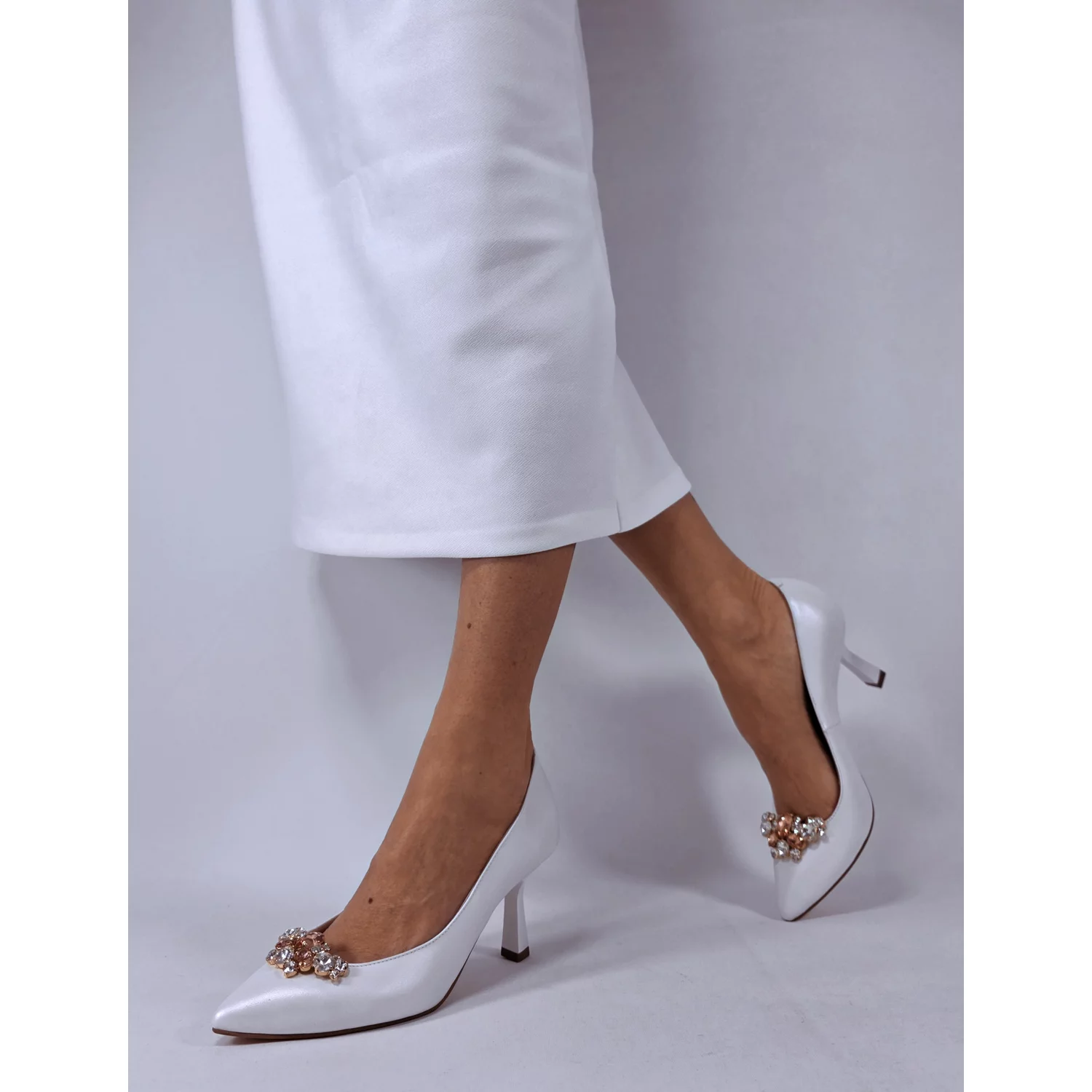 Pantofi stiletto Piele Naturala Albi cu accesoriu detasabil Francesca