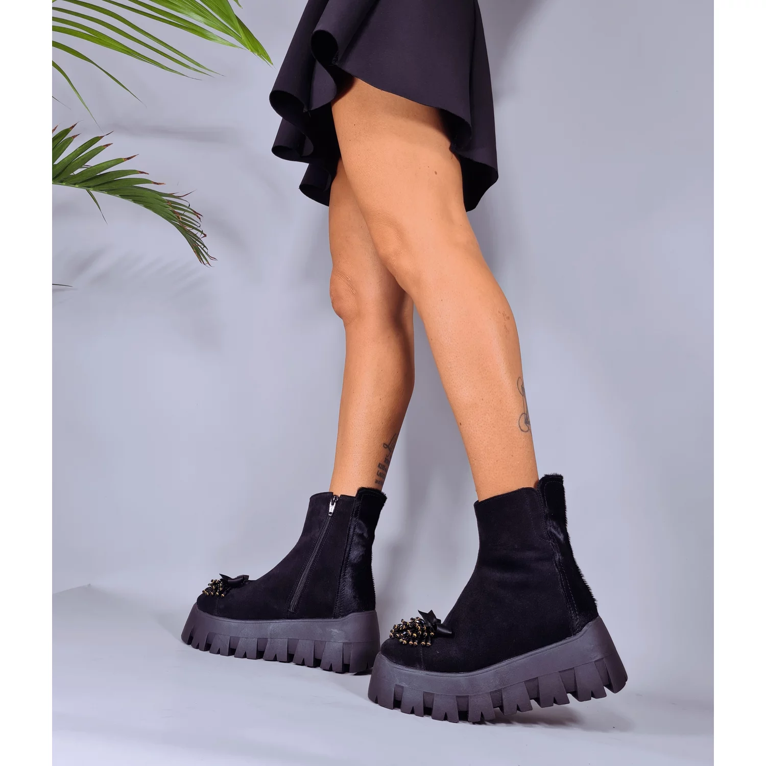 Ghete dama Piele Naturala Neagra Yun