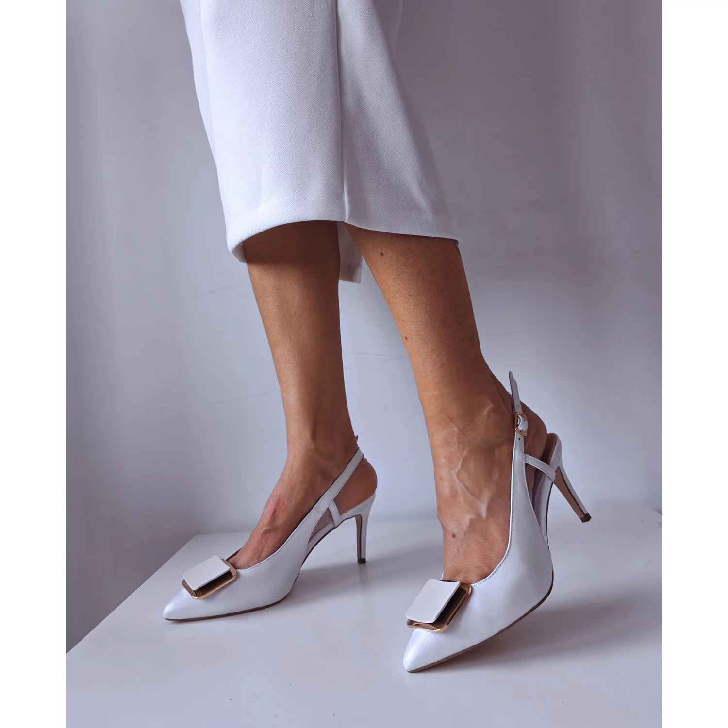 Pantofi stiletto Piele Naturala Albi sidefati Malvina