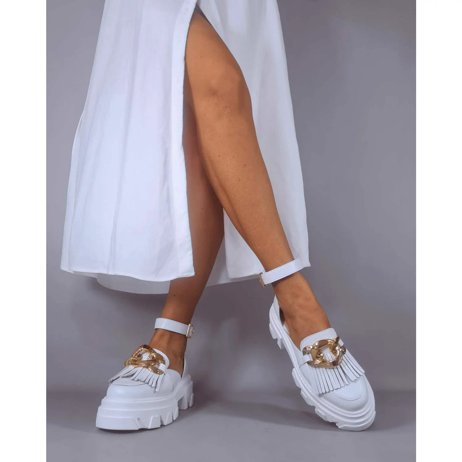 Pantofi Casual Piele Naturala Albi accesoriu lant City