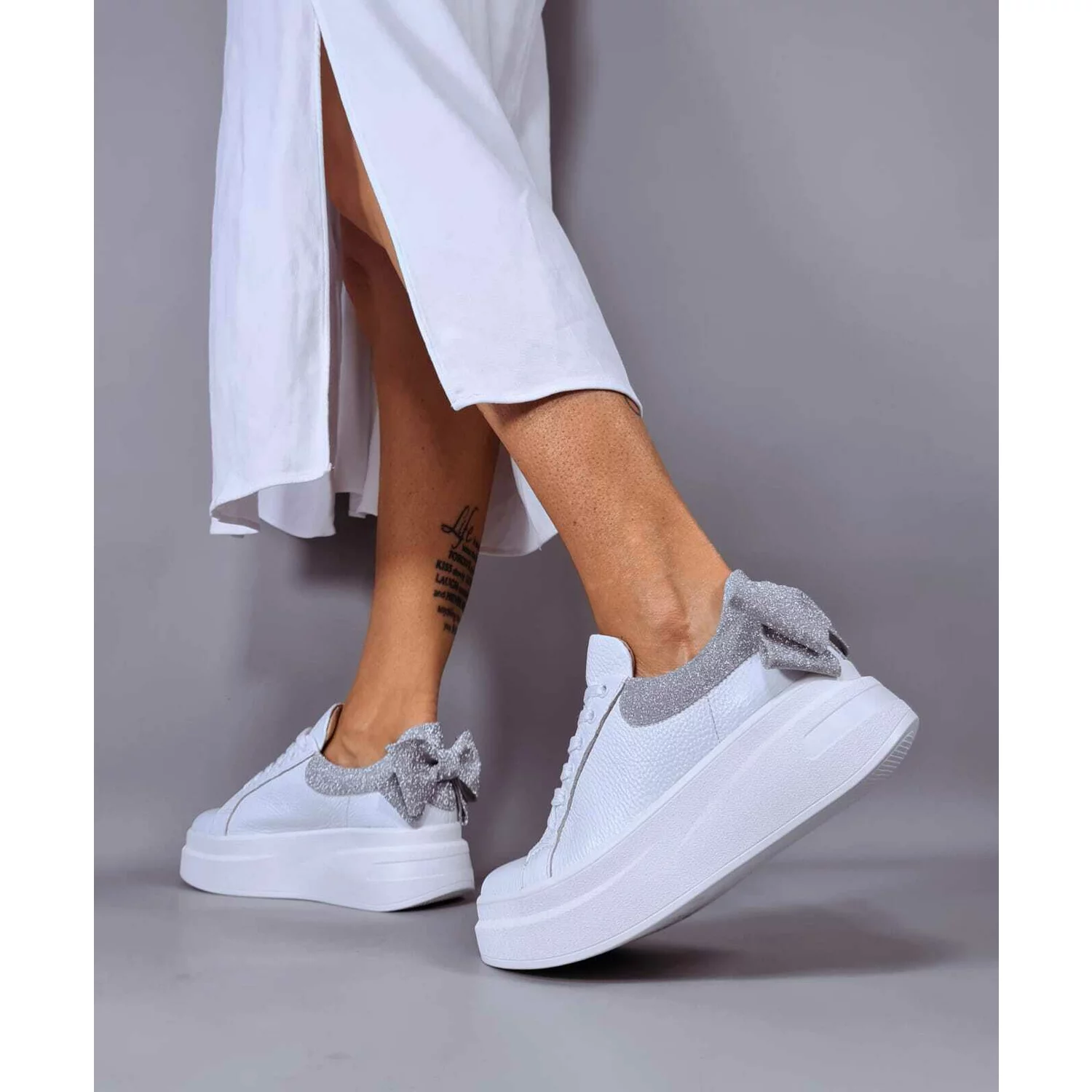 Pantofi casual Piele Naturala albi cu argintiu Bow