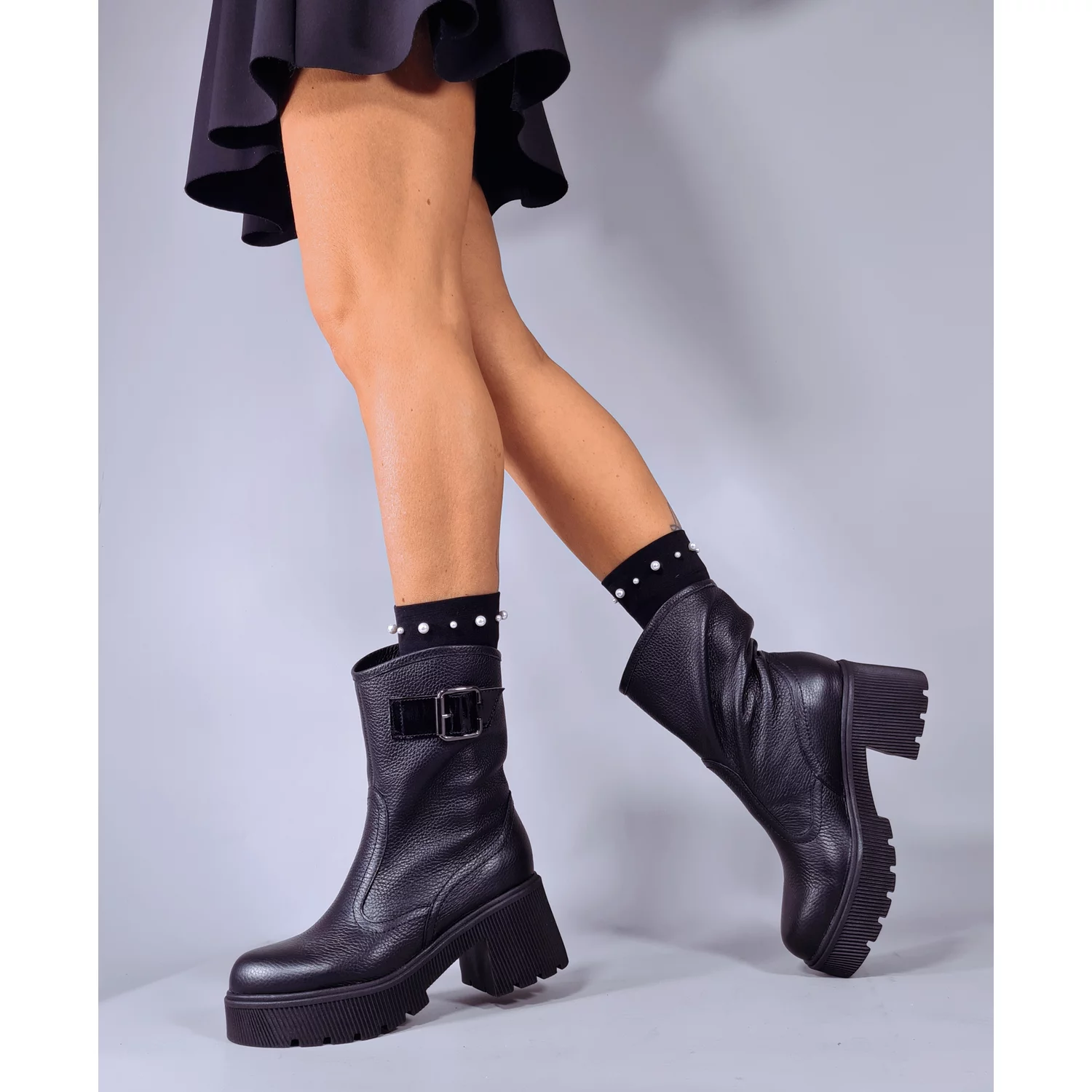 Ghete dama Piele Naturala Negre cu catarame Melua