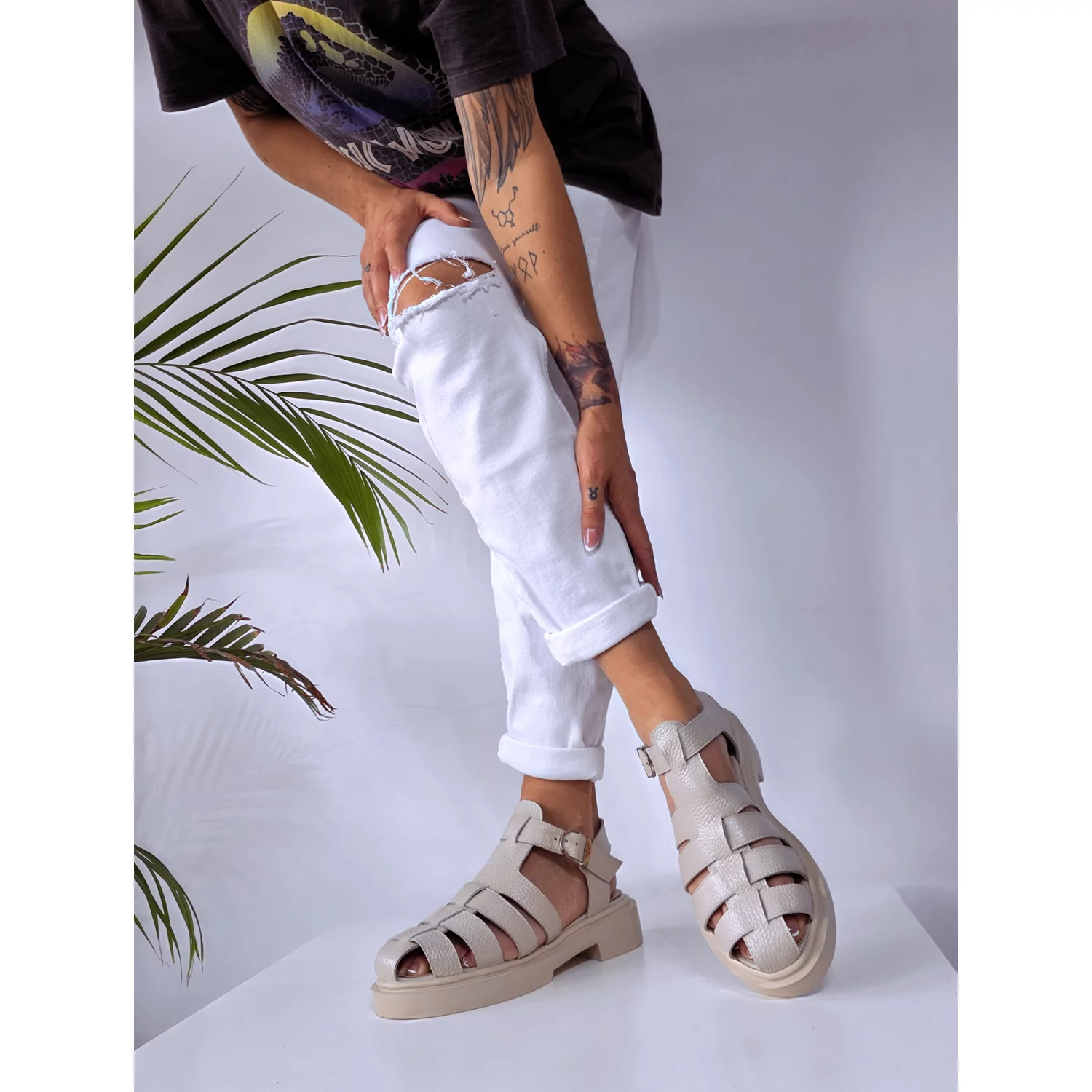 Sandale Casual Piele Naturala Bej cu barete Fargo