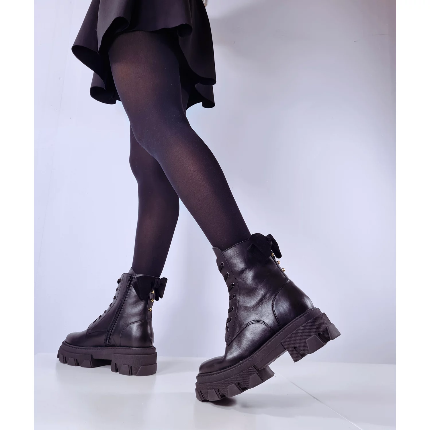 Ghete dama Piele Naturala Negre cu funda Bow