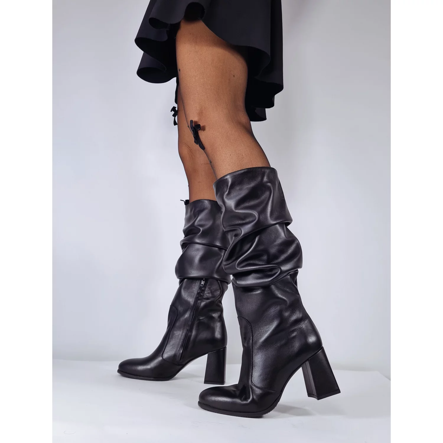 Cizme fronsate Piele Naturala Negre box Lina