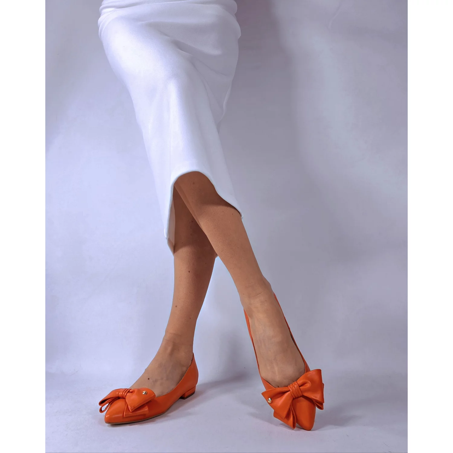 Balerini Piele Naturala Orange cu funda Alisia