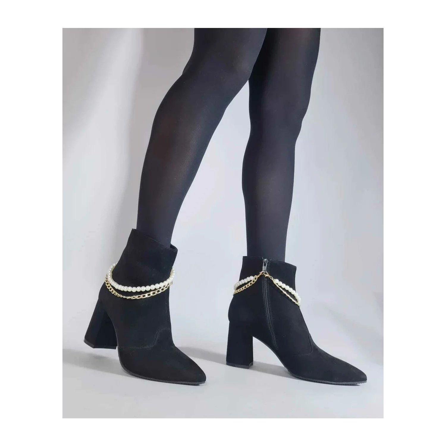 Botine Piele Naturala Negre accesorizate cu lant perle detasabil Odette