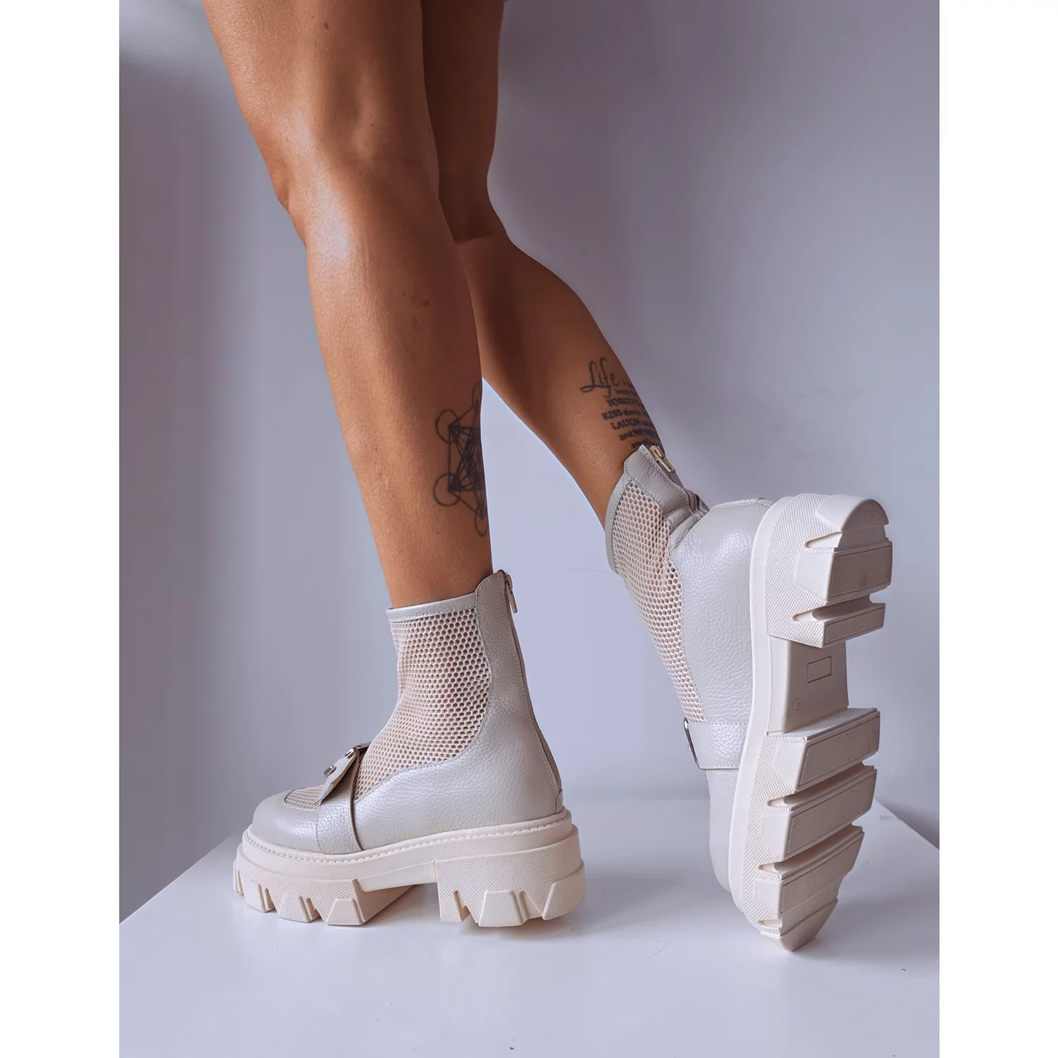 Ghete dama de vara Piele Naturala Bej si plasa textil Kamila