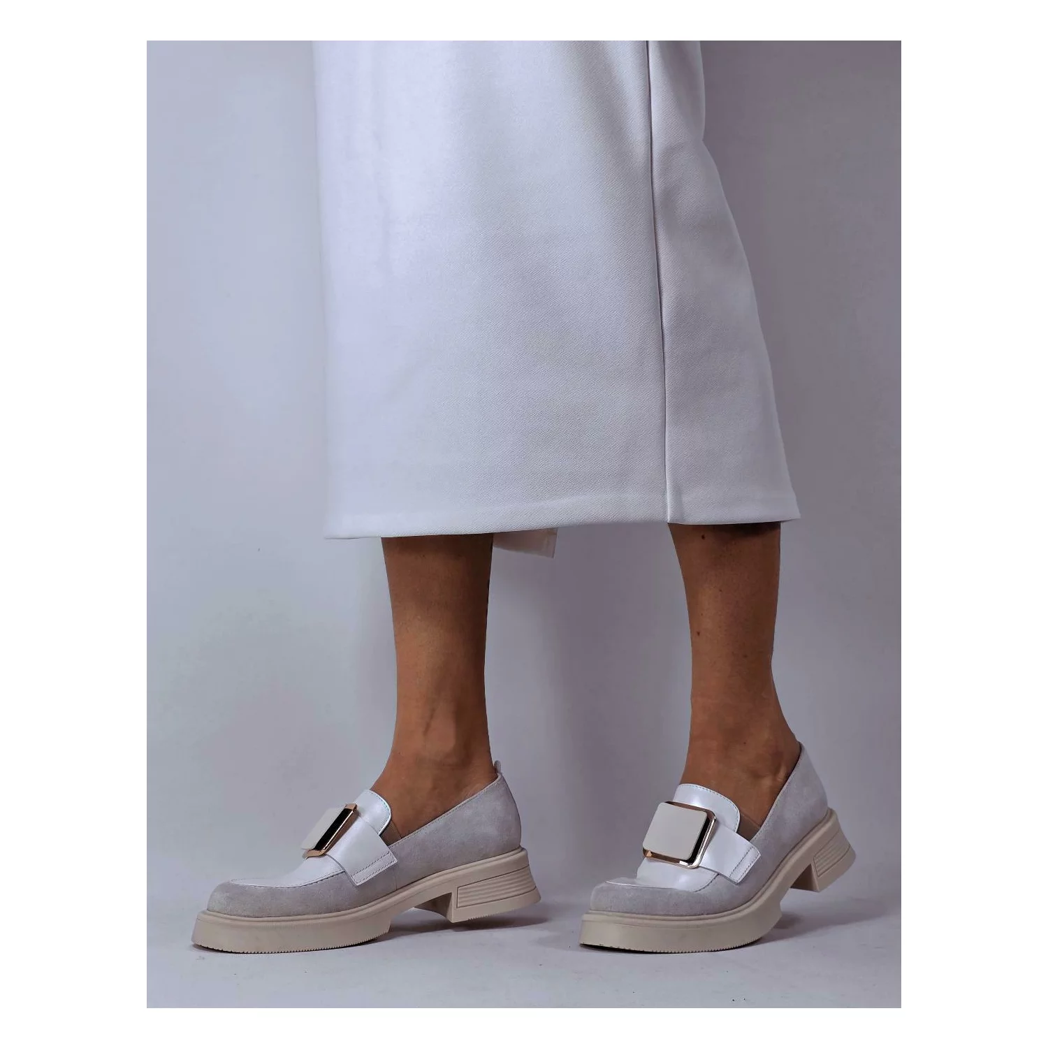 Pantofi casual Piele Naturala Bej cu Alb Lotus