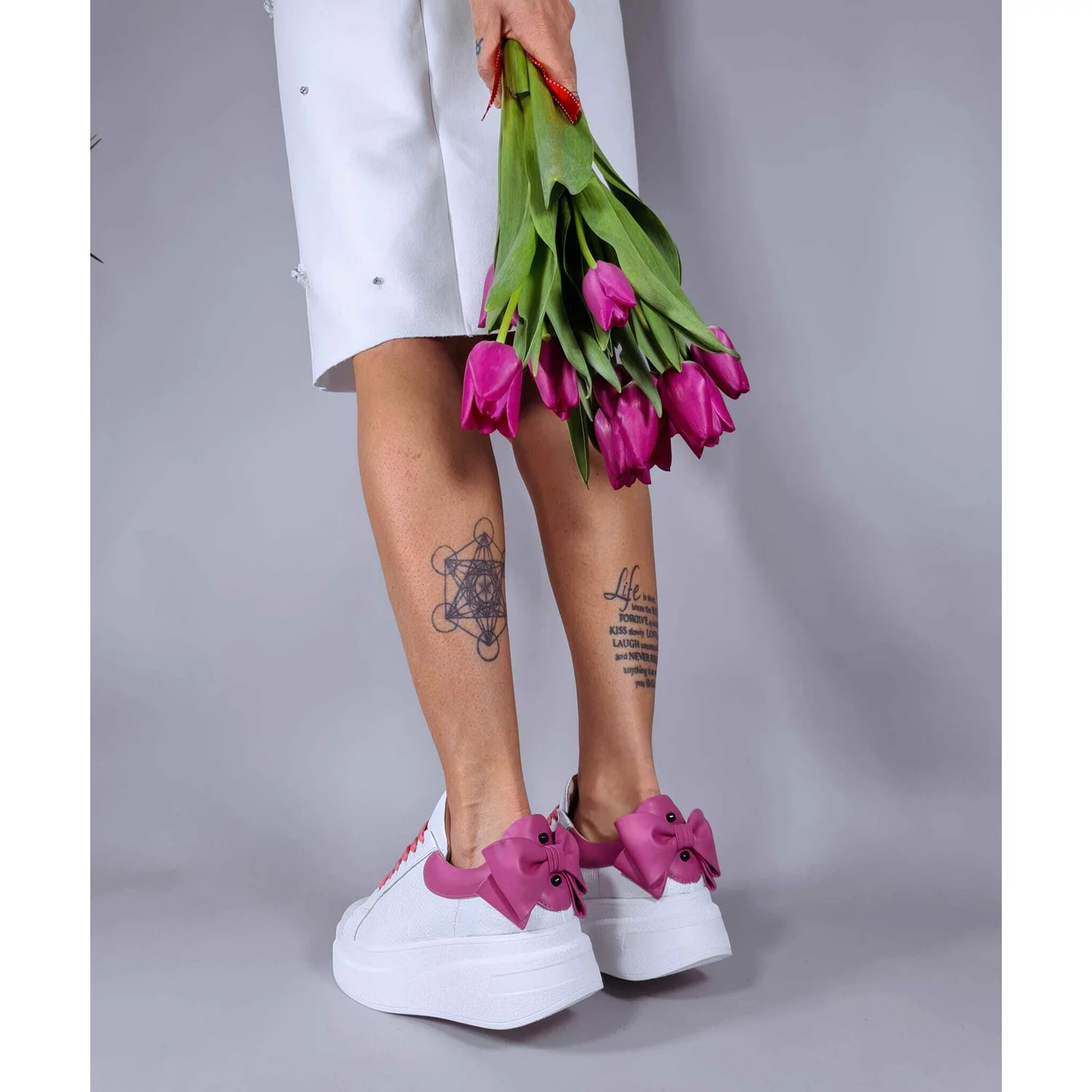 Pantofi casual Piele Naturala Albi cu Fuxia Bow