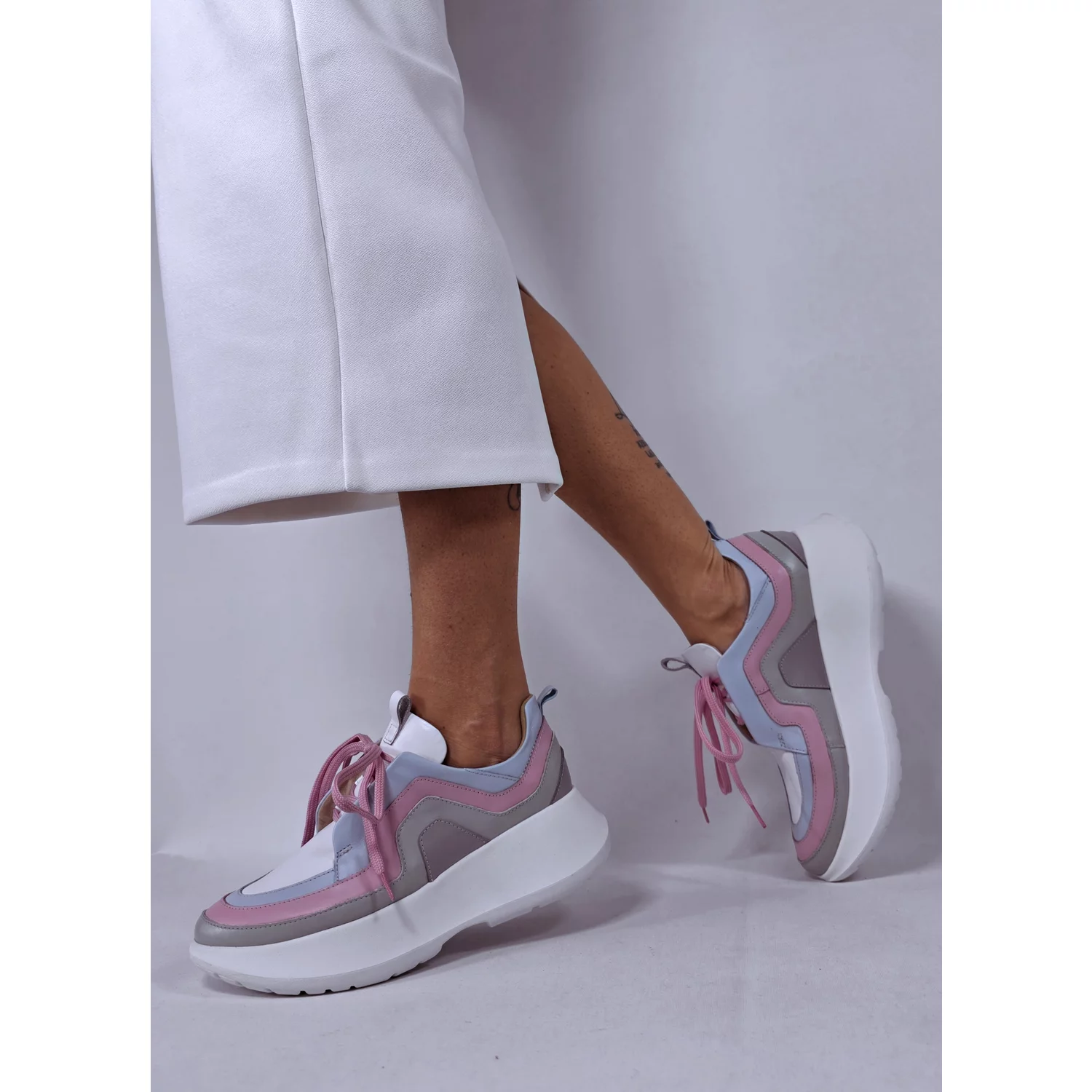 Pantofi sport Piele Naturala Albi cu Roz Selina