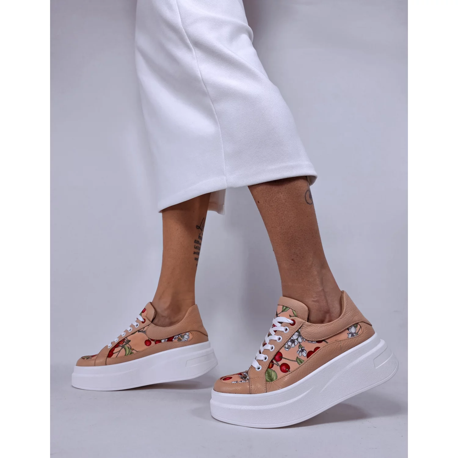 Pantofi casual Piele Naturala Bej roze cu imprimeu color Cherry