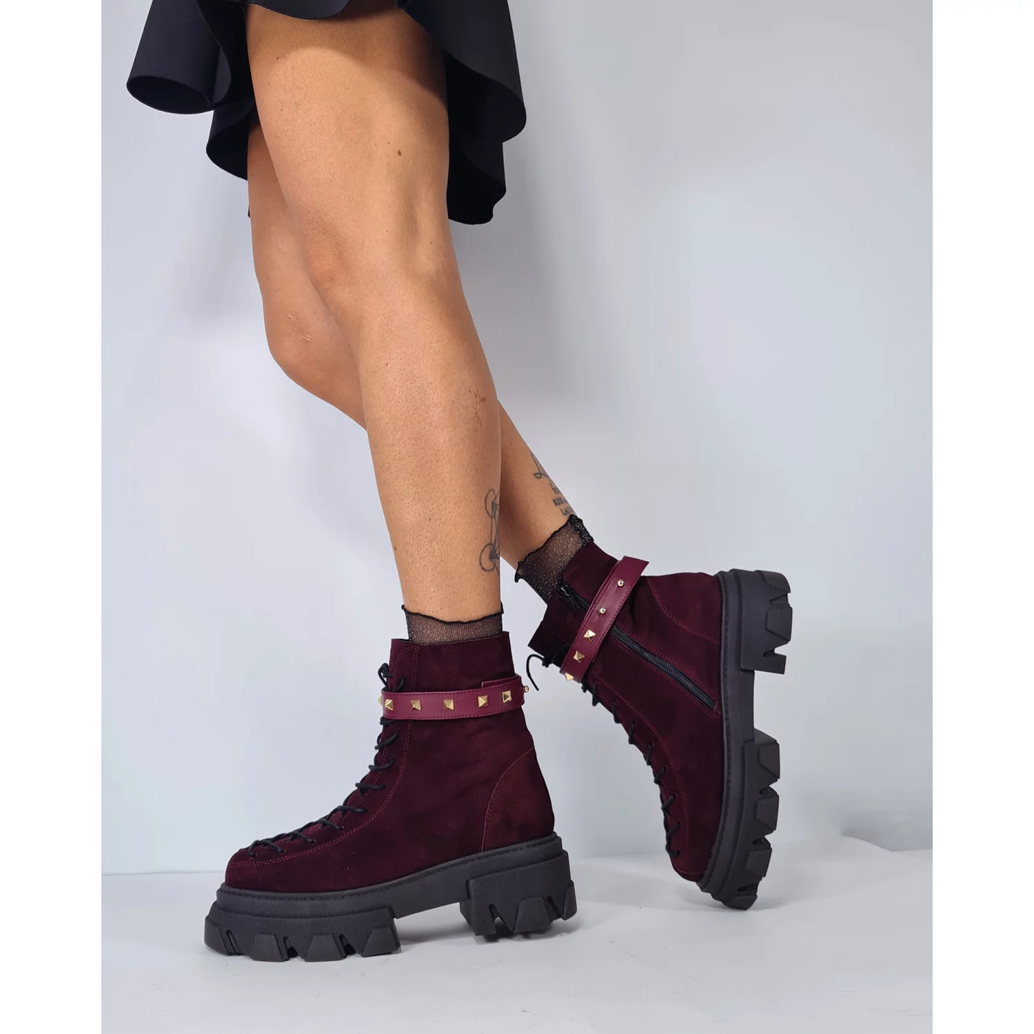 Ghete dama Piele Naturala Bordo cu bareta detasabila Monik