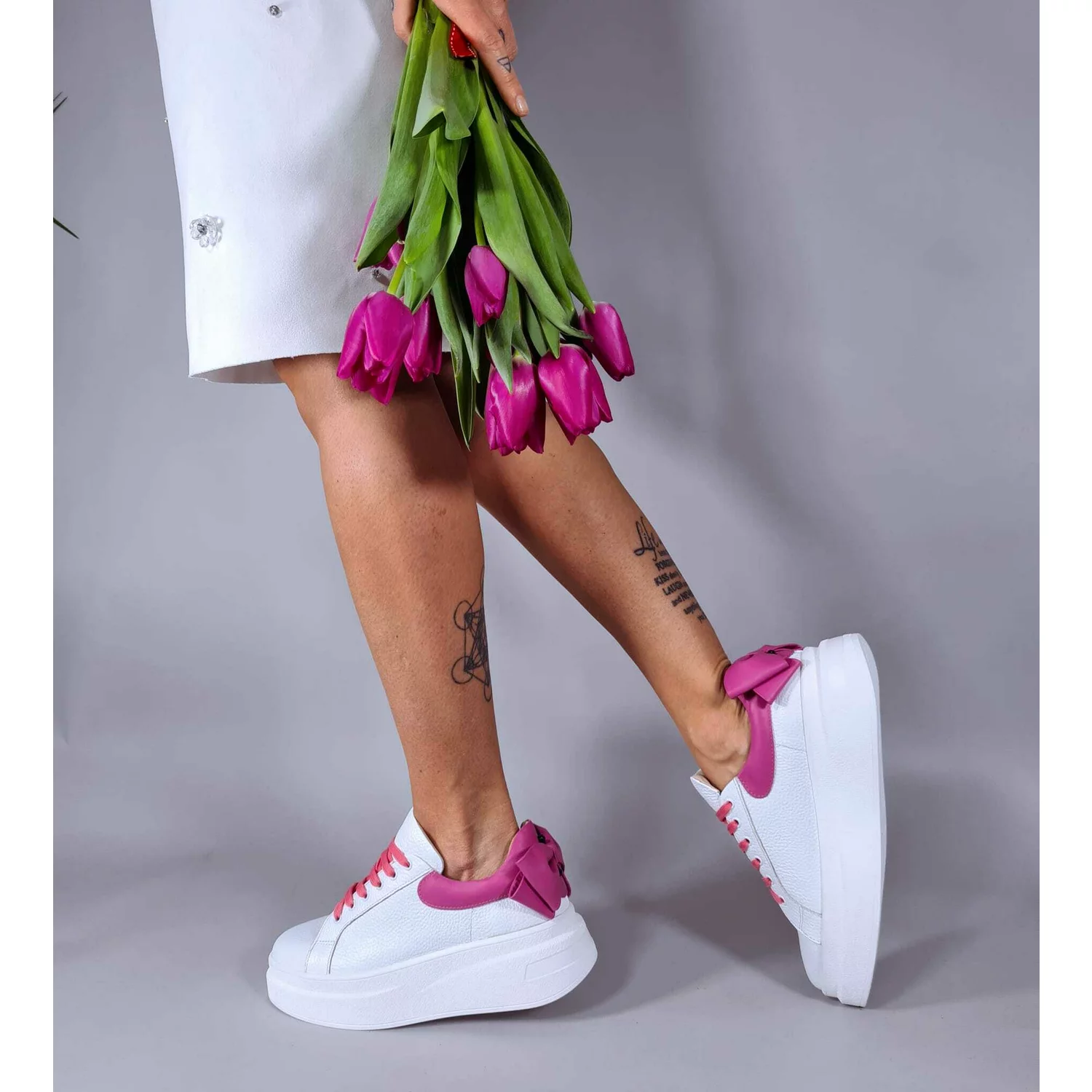 Pantofi casual Piele Naturala Albi cu Fuxia Bow