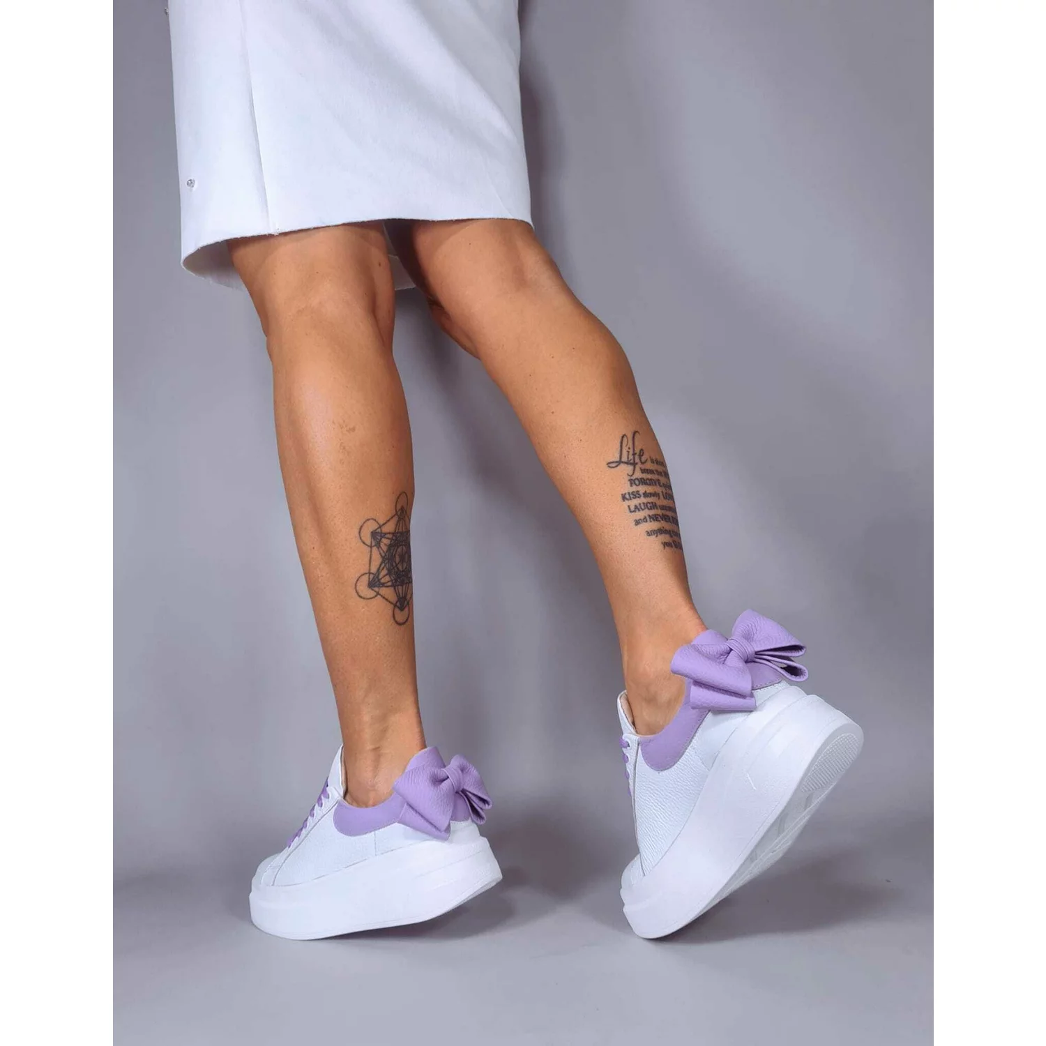 Pantofi casual Piele Naturala Albi cu Lila Bow