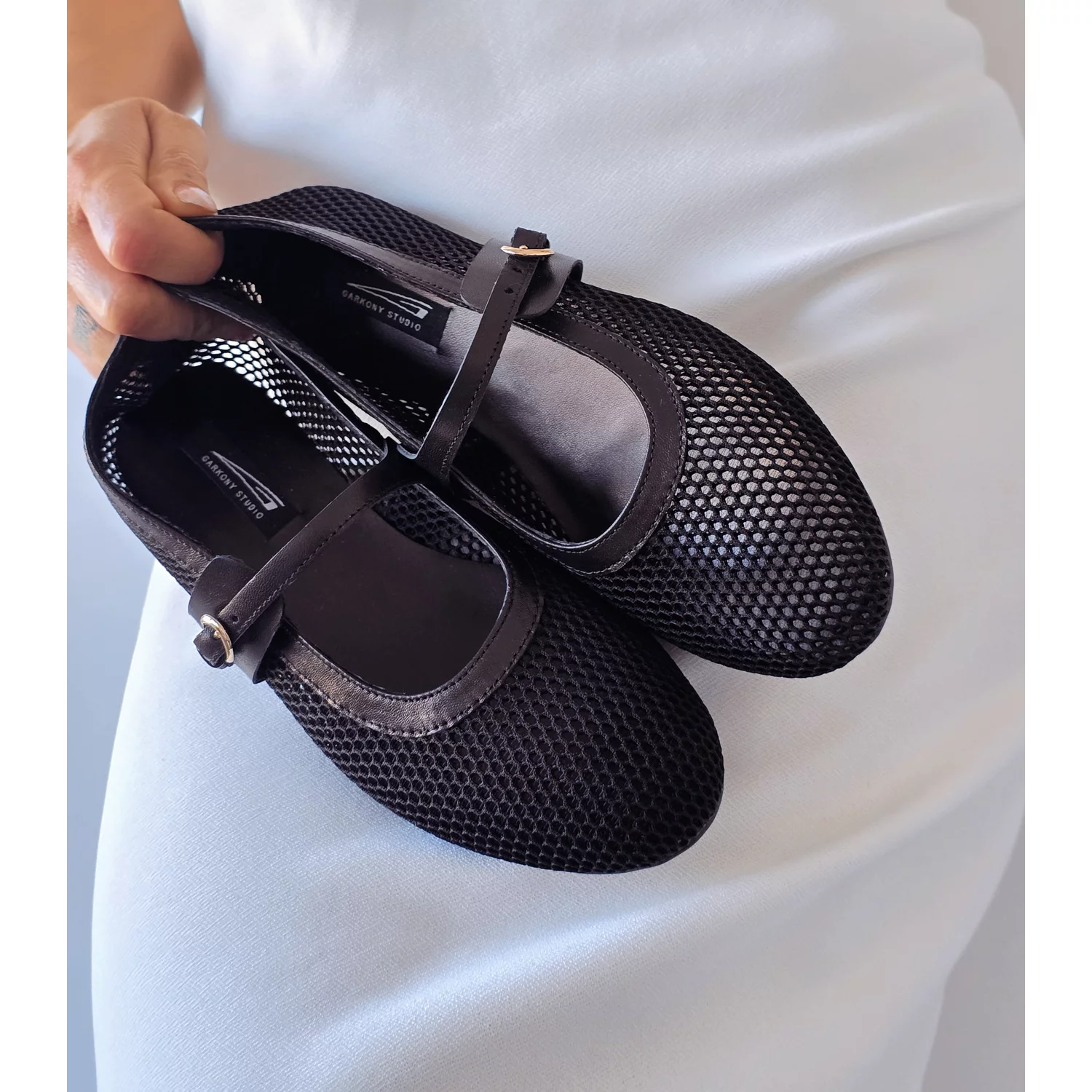 Balerini Piele Naturala negri cu plasa Glosy