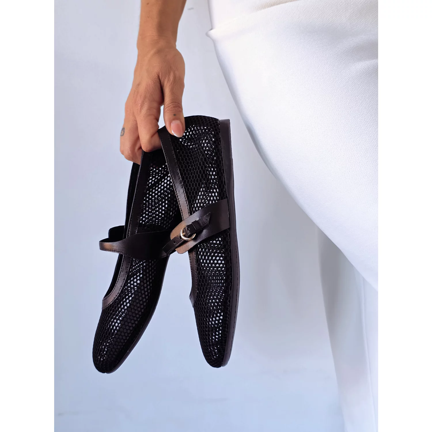 Balerini Piele Naturala negri cu plasa Glosy