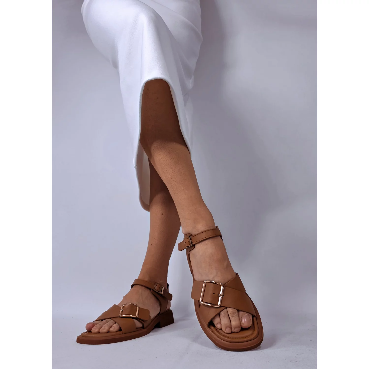 Sandale dama Piele Naturala Maro coniac, casual, talpa joasa Giovanna