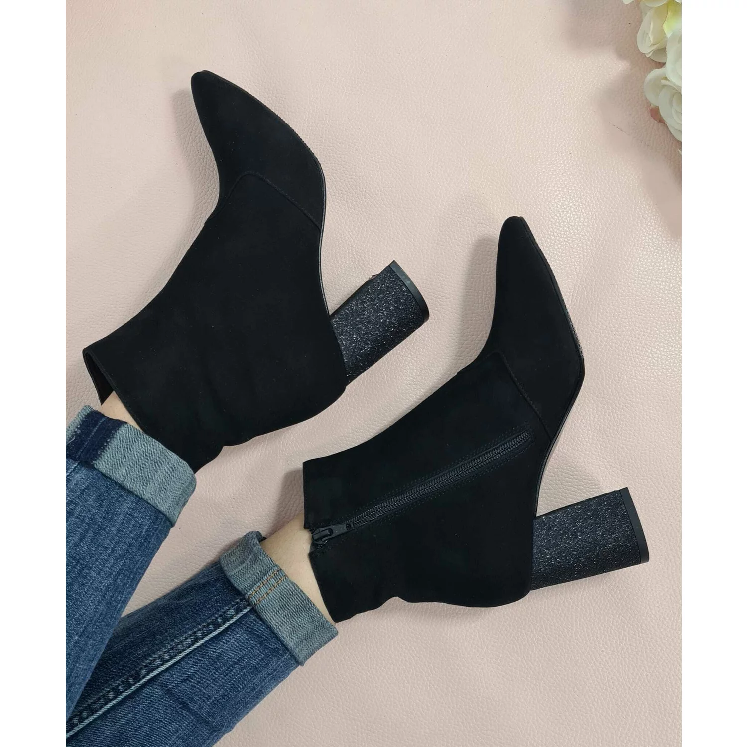 Botine piele intoarsa neagra Lena