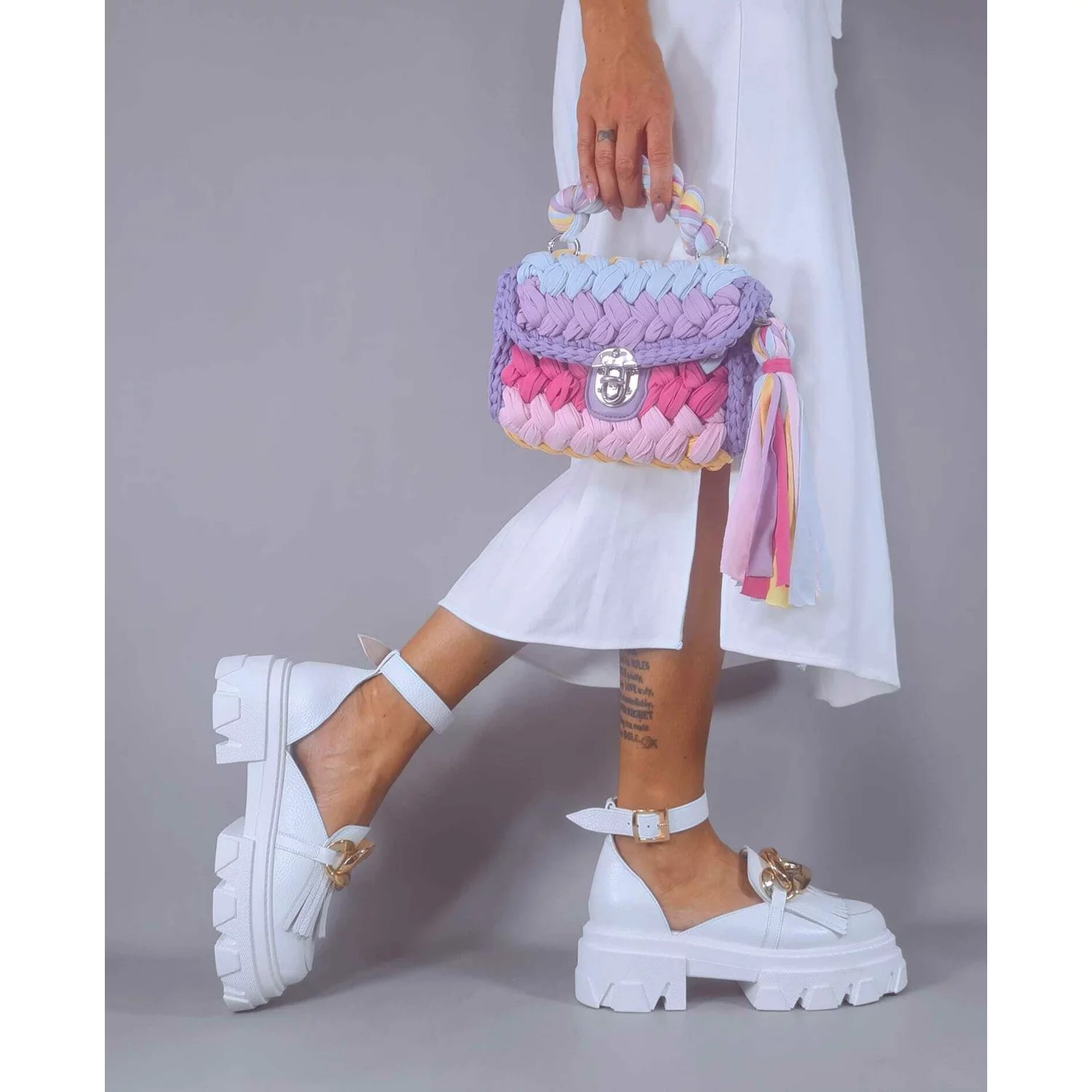 Pantofi Casual Piele Naturala Albi accesoriu lant City