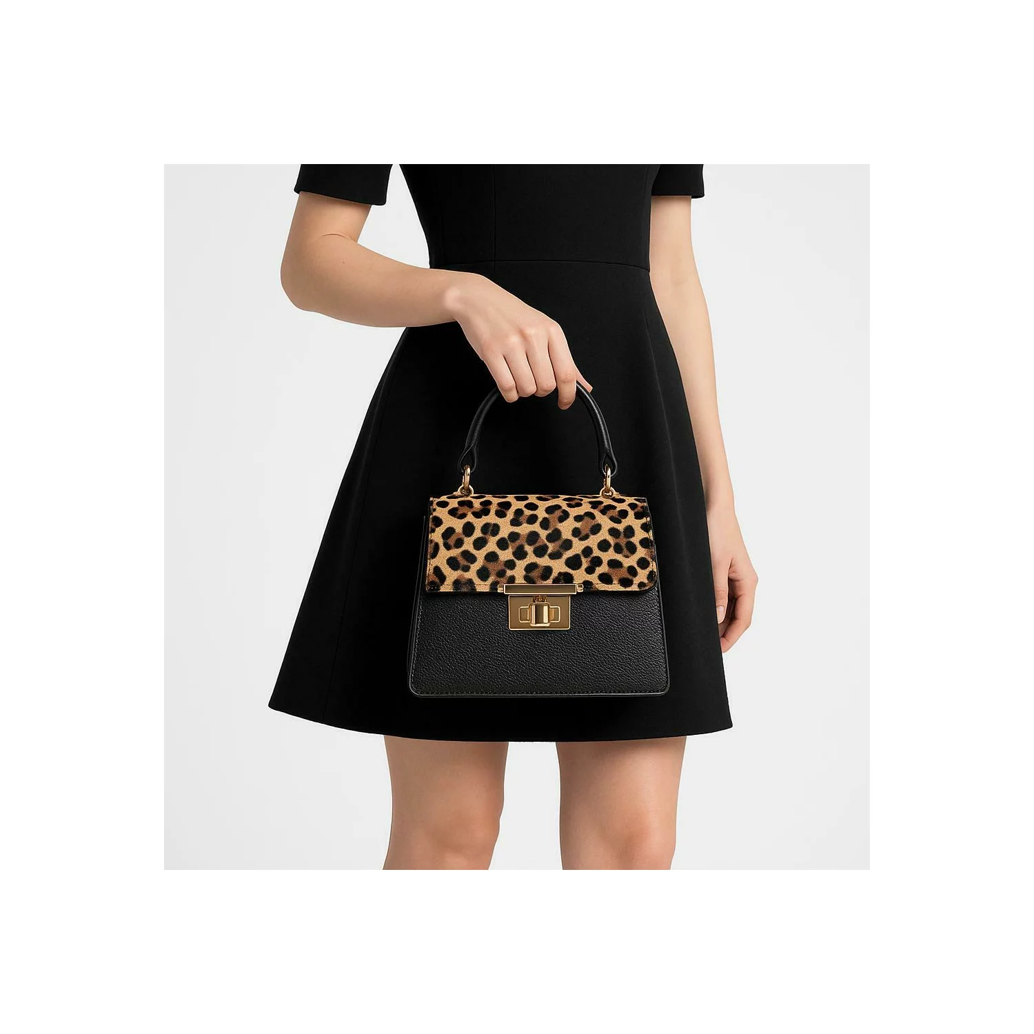 Geanta medie dama Piele Naturala Neagra cu imprimeu leopard Andia