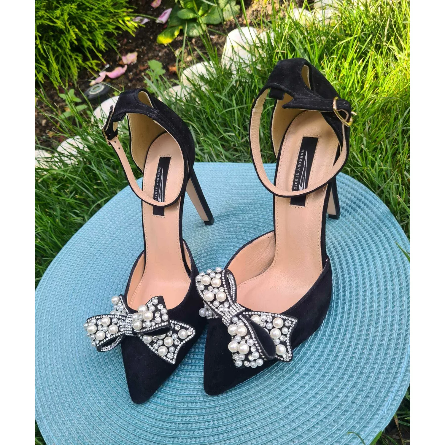 Pantofi stiletto Piele Naturala Negri cu funda perle Pearl