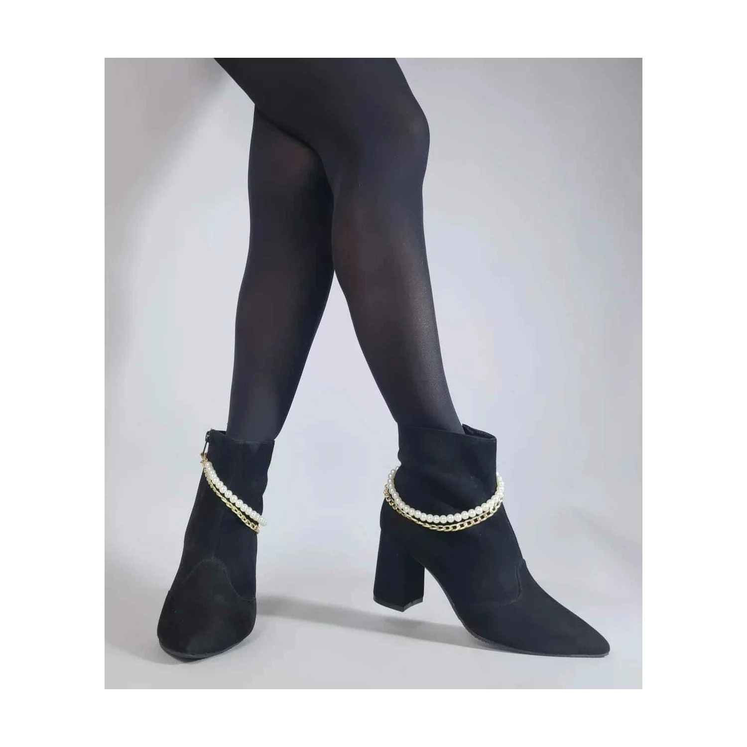 Botine Piele Naturala Negre accesorizate cu lant perle detasabil Odette