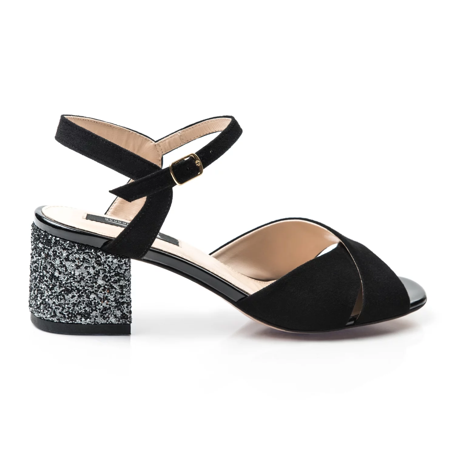 Sandale piele camoscio negru cu glitter Malvina