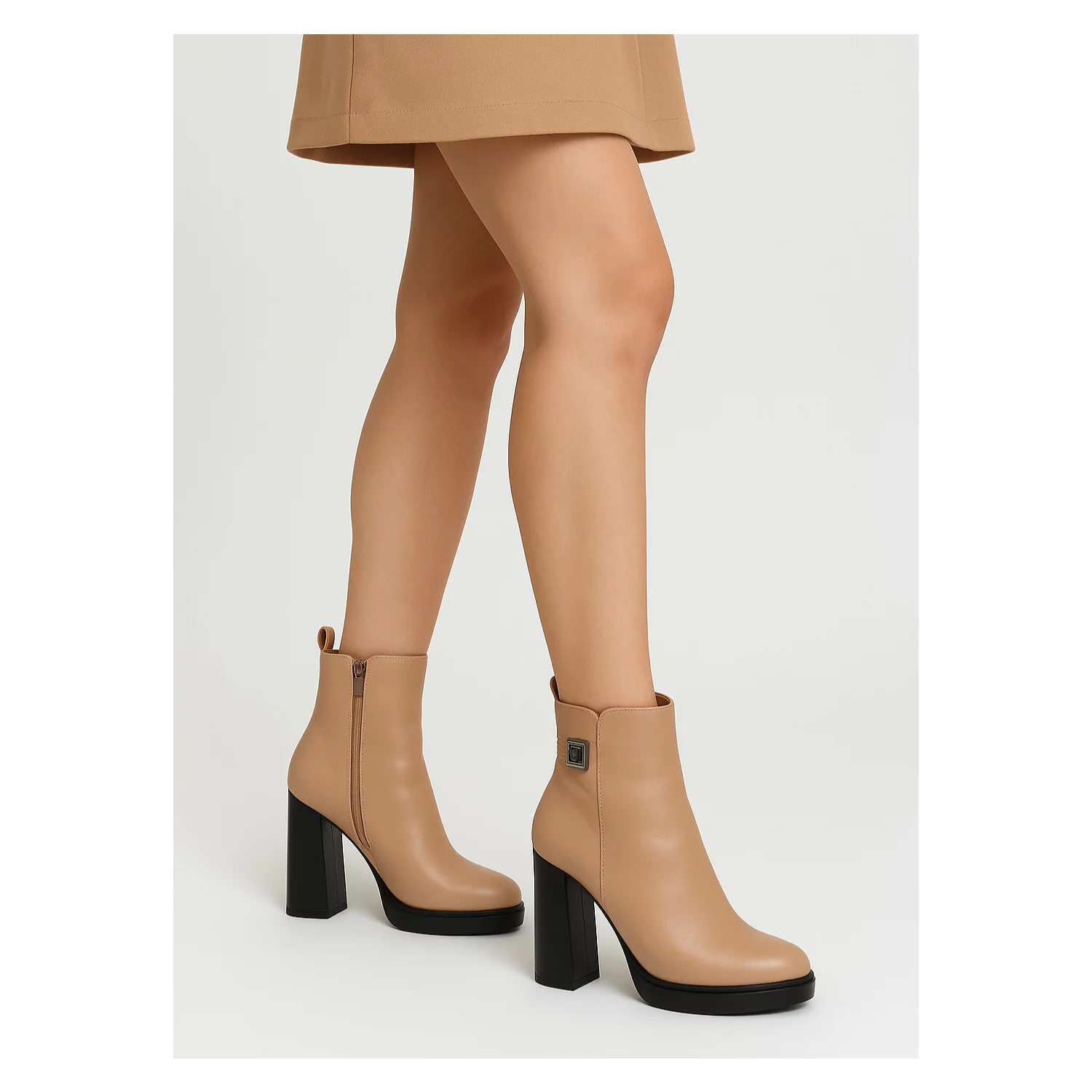 Botine dama Bej din Piele Naturala cu toc gros si platforma Mara