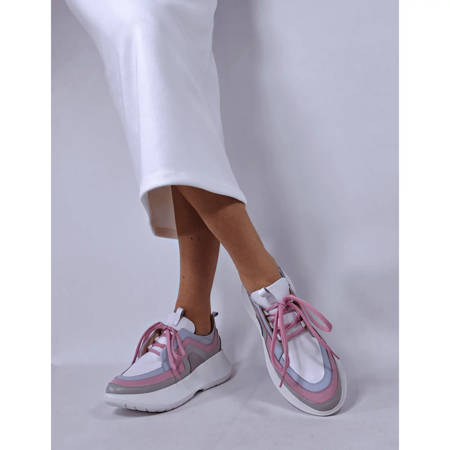 Pantofi sport Piele Naturala Albi cu Roz Selina