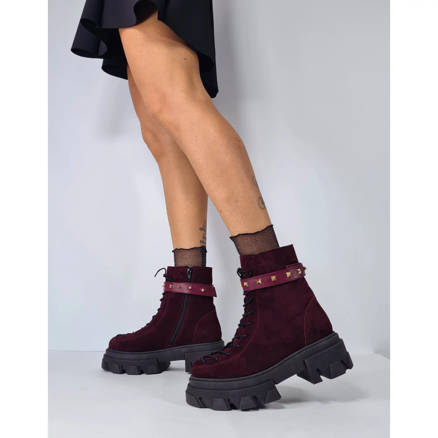 Ghete dama Piele Naturala Bordo cu bareta detasabila Monik