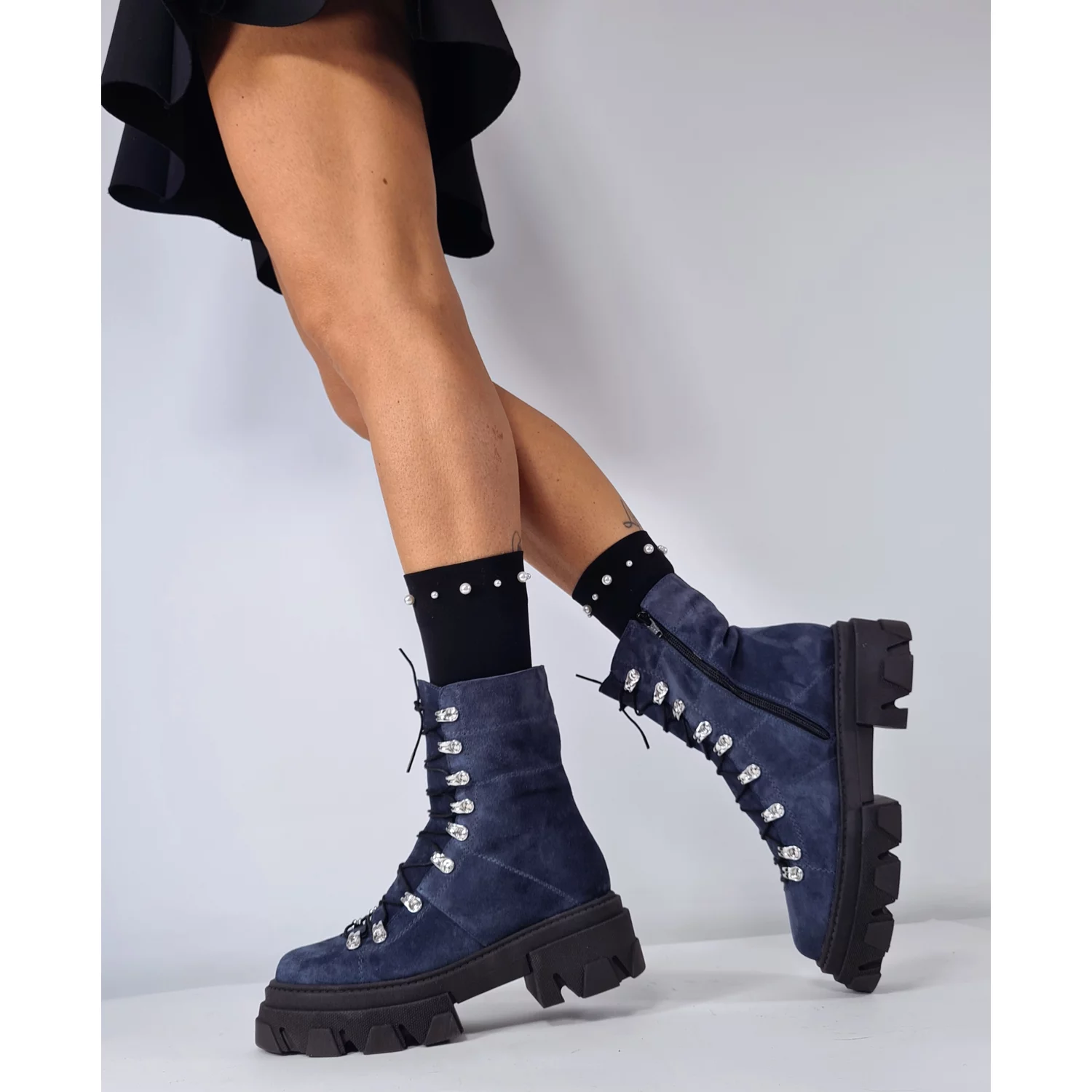 Ghete dama Piele Naturala Albastru marin cu accesorii argintii Ivanna