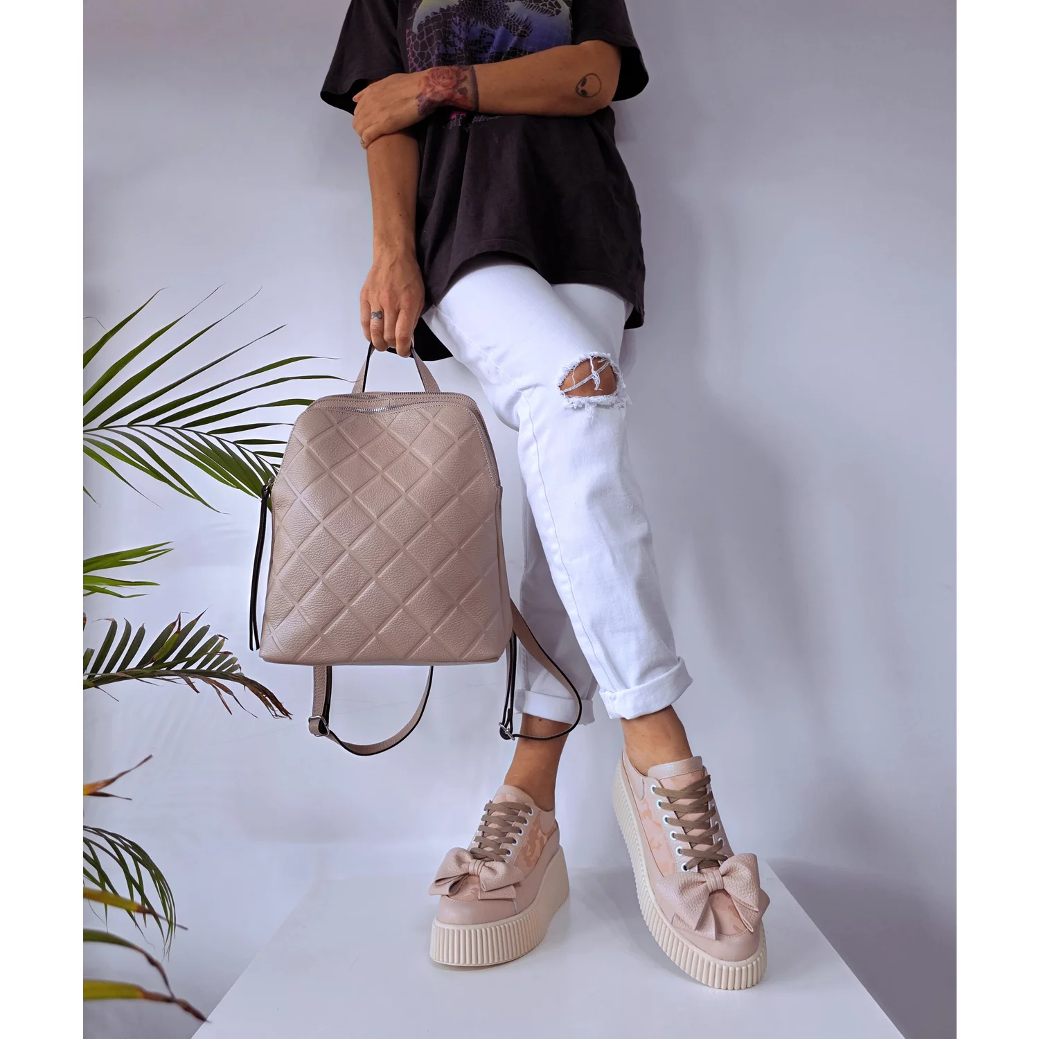 Rucsac dama Piele Naturala Bej roze Arina