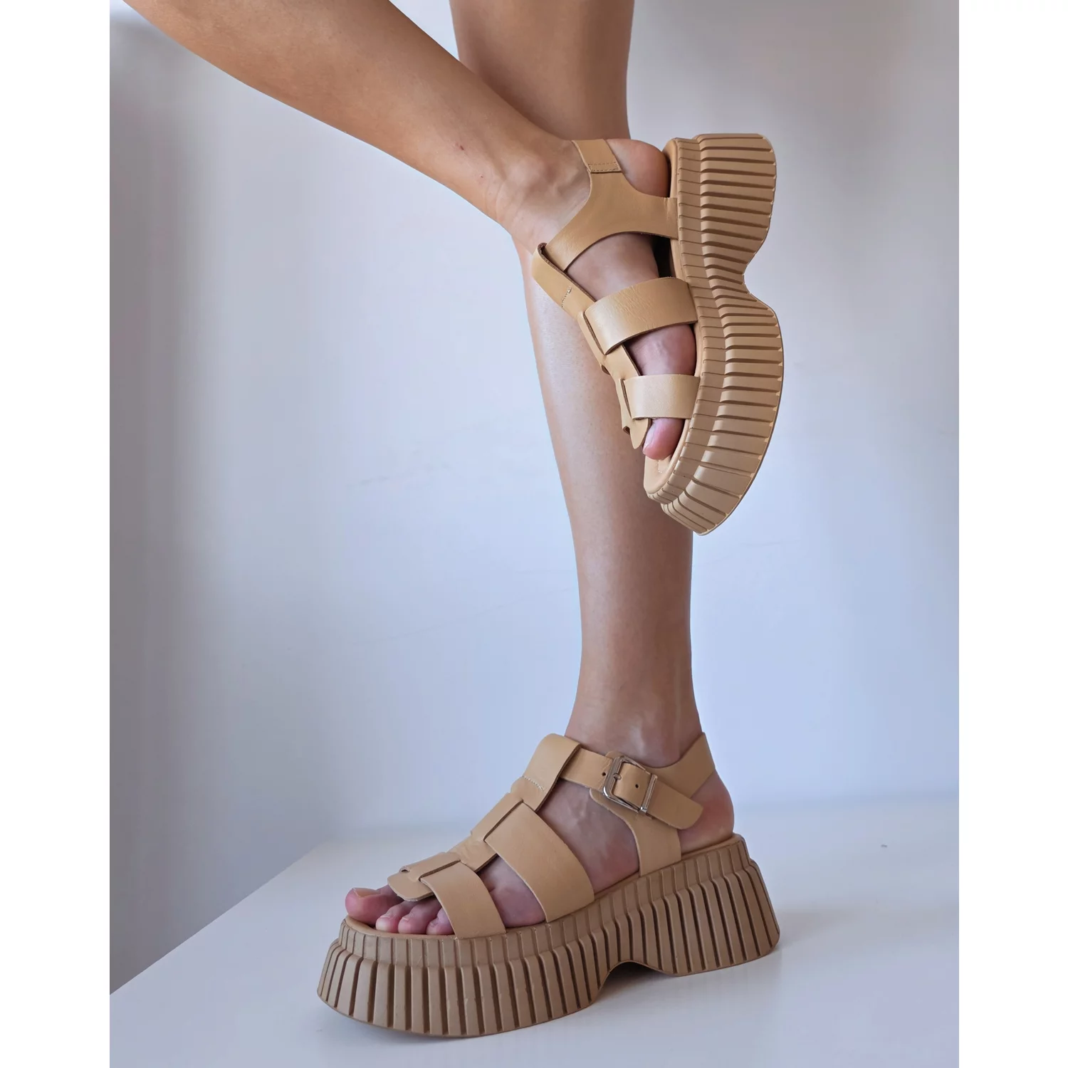 Sandale Casual Piele Naturala Bej cu barete Adeona