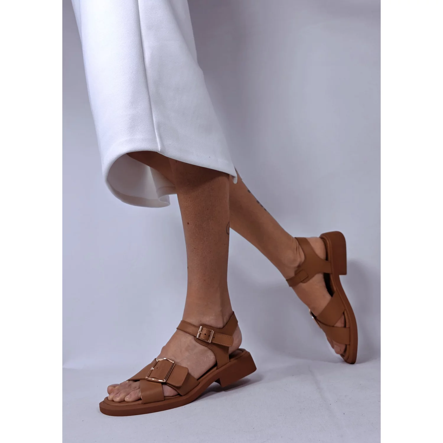 Sandale dama Piele Naturala Maro coniac, casual, talpa joasa Giovanna