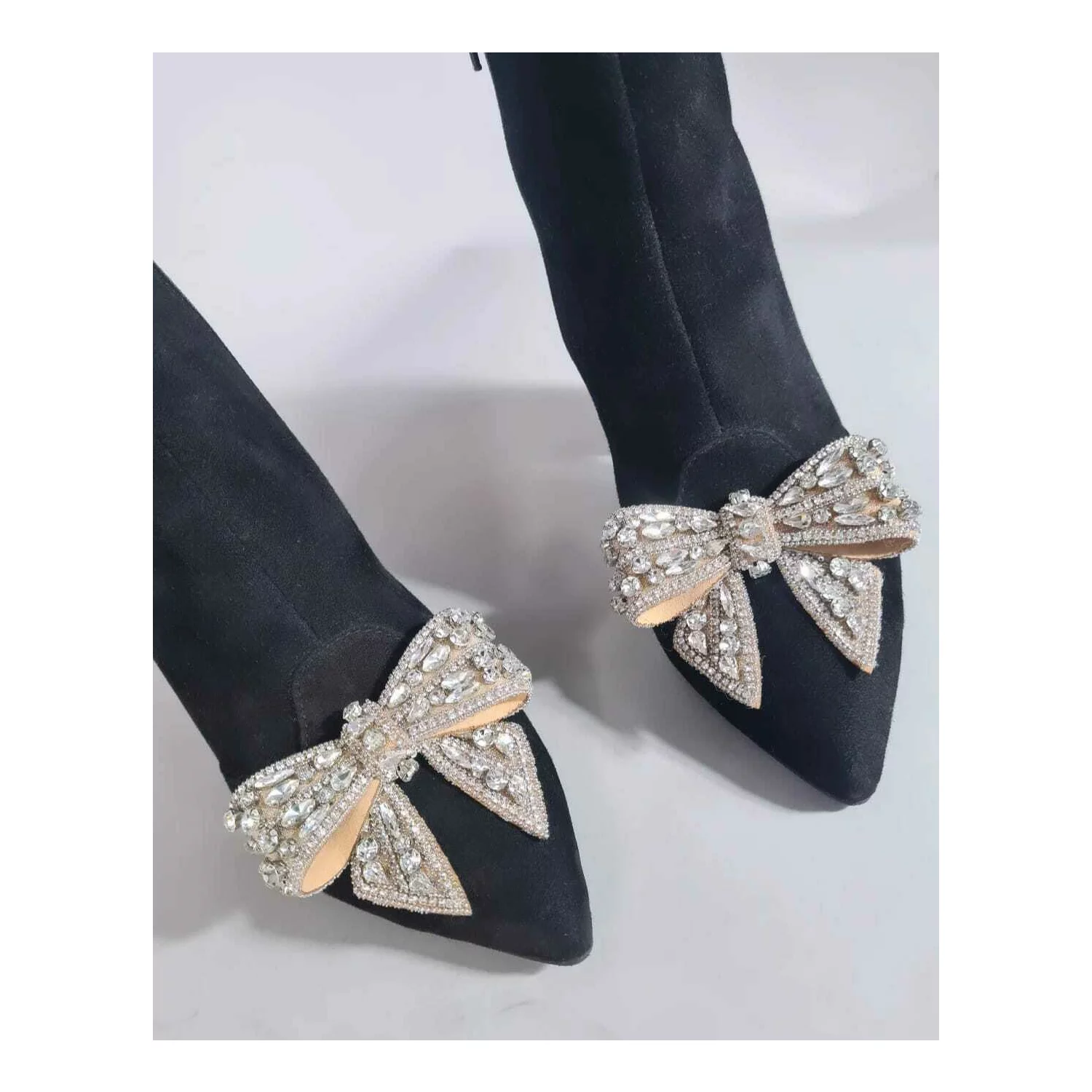 Botine Piele Naturala Negre cu funda strasuri Anabelle